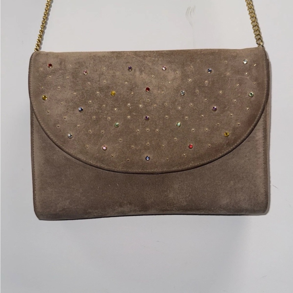 Magdesians Made In USA Purse Pocketbook Bag Tan Suede With Gemstones Gold Chain